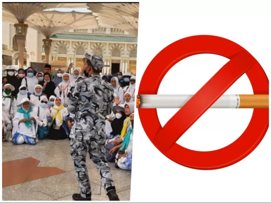 Kolase foto jemaah haji Indonesia di Masjid Nabawi dan ilustrasi dilarang merokok. (Dok. Kemenag/Freepik/Macrovector)
