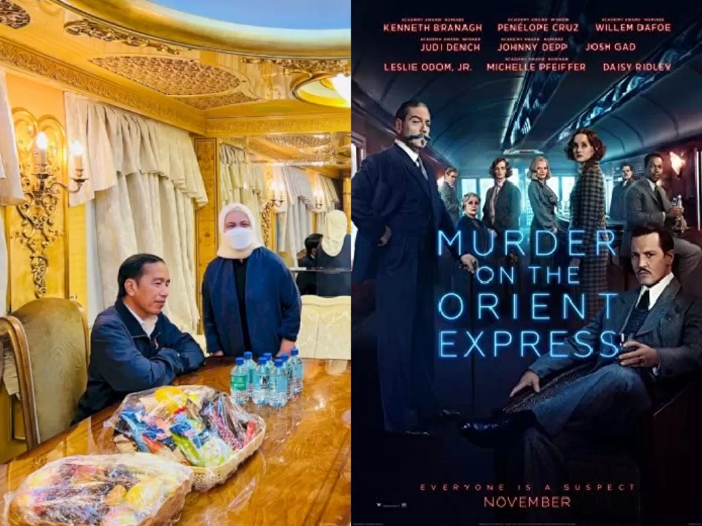 Kiri: Kereta yang ditumpangi Presiden Jokowi menuju Ukraina. (Dok Setbak RI), kanan: film Murder on the Orient Express. (Wikipedia).