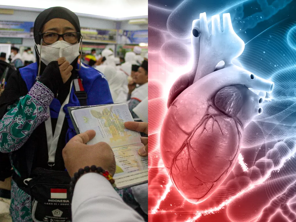 Ilustrasi jamaah Haji Indonesia: kiri, penyakit jantung: kanan. (ANTARA FOTO/Teguh Prihatna/aww/Freepik)