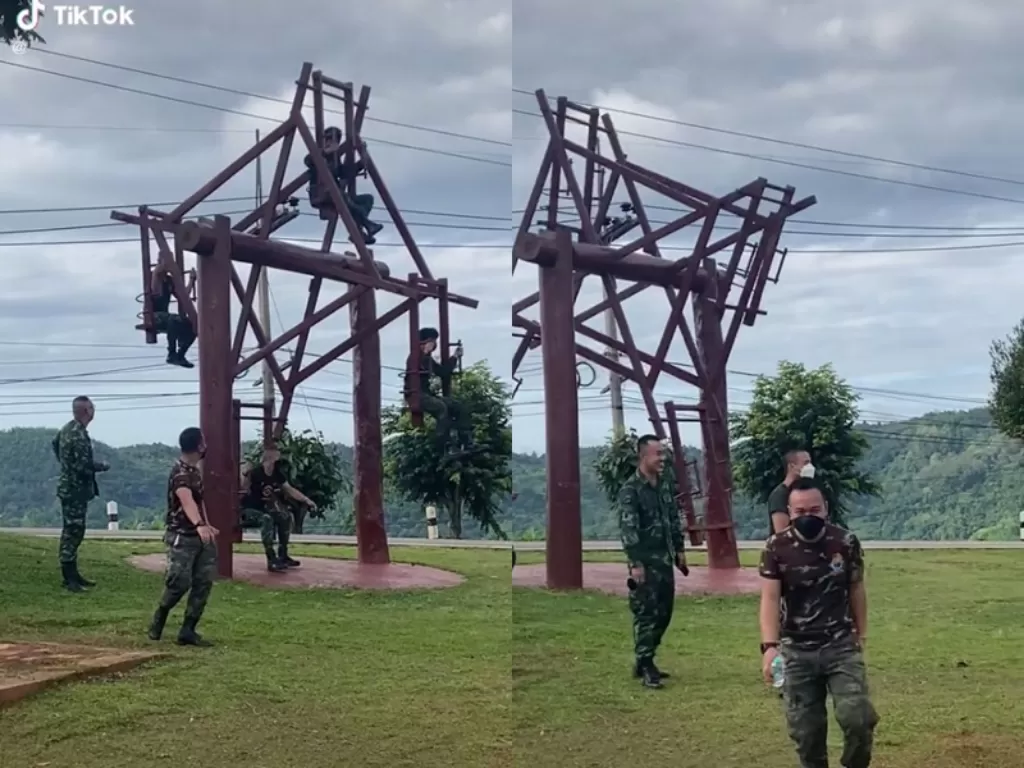 Video viral tentara yang tenagh bermain mini bianglala. (TikTok/@themosmos)