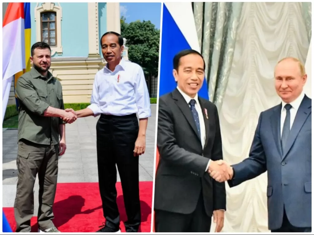 Kolase Presiden Jokowi dan Voldymyr Zelensky di Kiev, Ukraina dan bersama Vladimir Putin di Istana Kremlin, Moskow. (BPMI/Setpres/Laily Rachev)