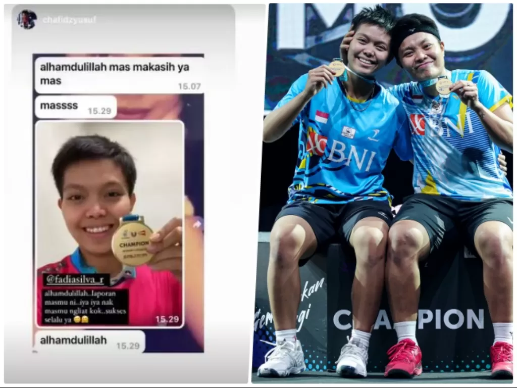 Kiri: Tangkapan layar pesan Siti Fadia kepada mantan pelatihnya. / Kanan: Bersama Apriyani Rahayu juara Malaysia Open 2022. (Instagram/@fadiasilva_r/Dok. PBSI)