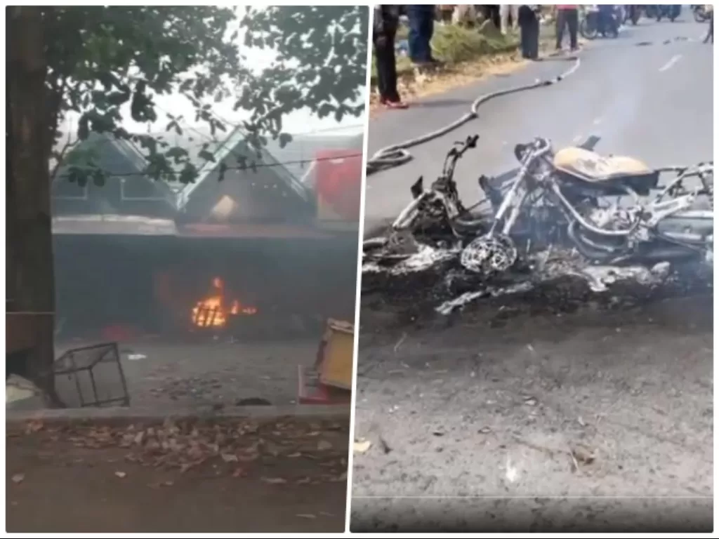 Kolase bangunan dan sepeda motor dibakar saat kerusuhan Babarsari. (Twitter/@merapi_uncover)