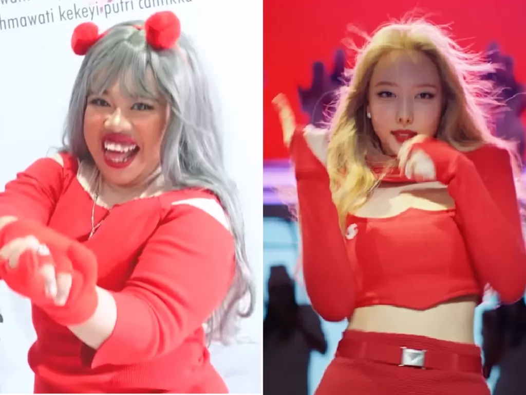 Kiri: Kekeyi dalam parodi Pop (Youtube/rahmawati kekeyi putri cantikka ), kanan: Nayeon TWICE dalam POP. (Youtube/JYP Entertainment).
