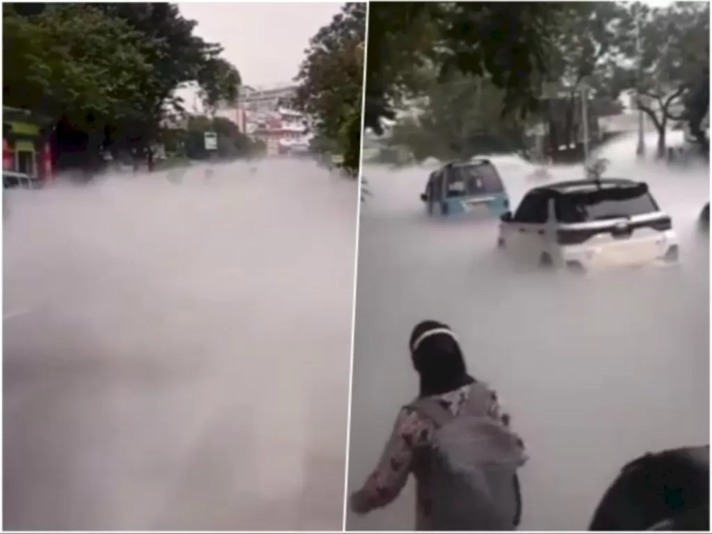 Diduga gas oksigen bocor membuat asap putih menutupi jalan di Cimone, Tangerang. (Ist)