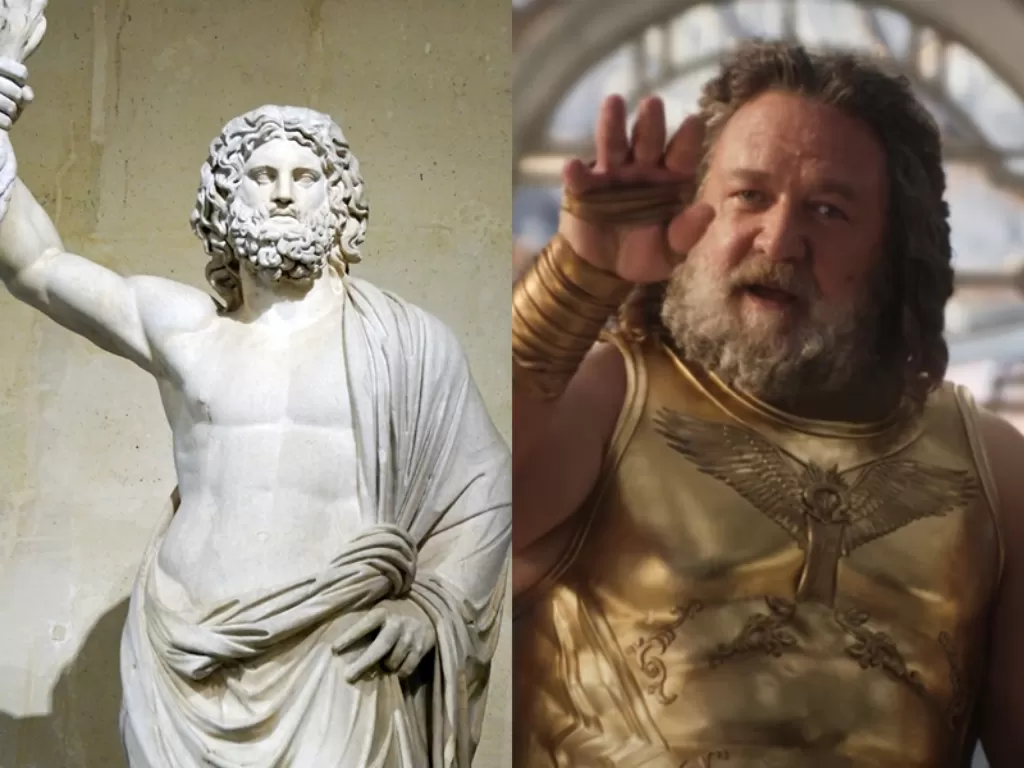 Kiri: Ilustrasi patung Zeus di Yunani. (Ancient of Greek) Kanan: Zeus di film Thor 4. (Marvel)