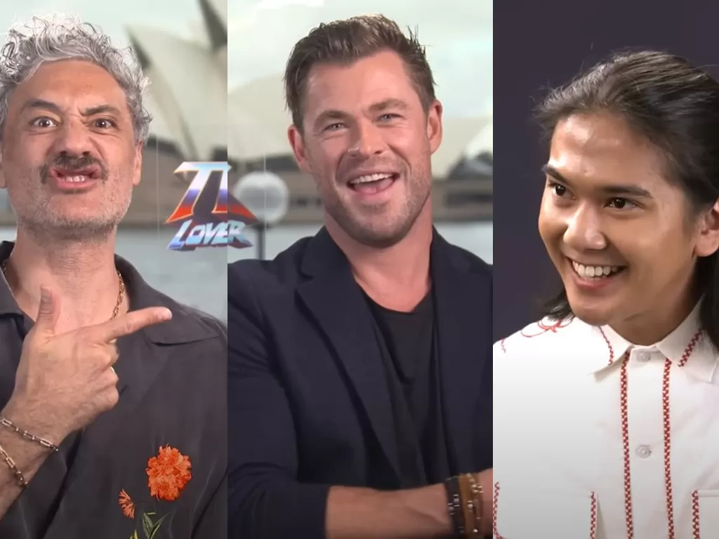 Iqbaal Ramadhan, Chris Hemsworth dan Taika Waititi dalam sebuah sesi wawancara di Sydney, Australia pada Juni 2022 lalu (YouTube/Iqbaal Ramadhan)