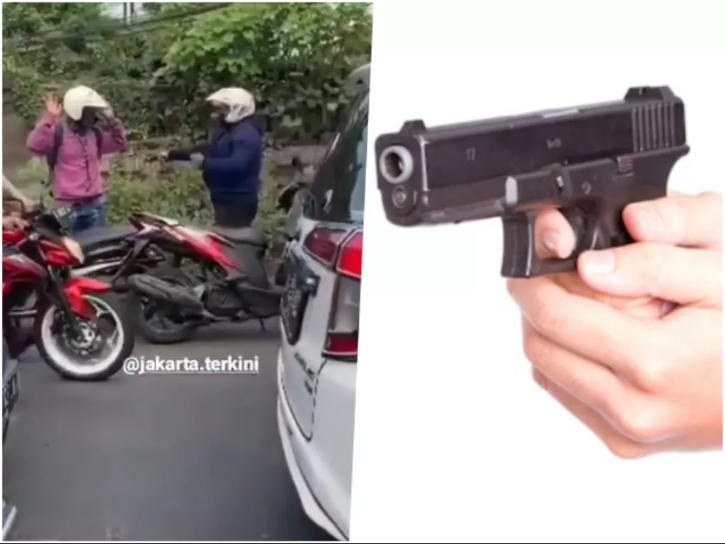 Kolase pemotor todongkan pistol dan ilustrasi penembakan. (Instagram/@merekam.jakarta/Freepik)