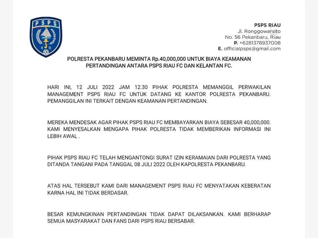 Polresta Pekanbaru minta Rp40 juta laga PSPS Riau vs Kelantan FC. (Instagram/@pspsriau)