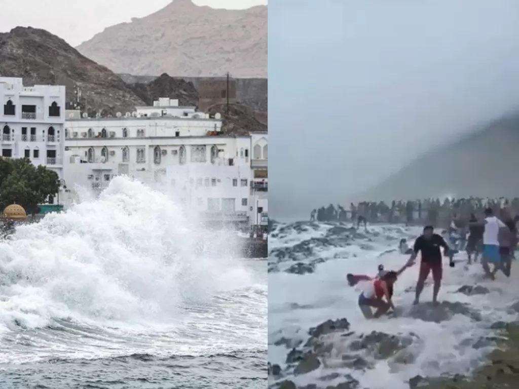 Ombak tinggi menghantam tempat wisata di Oman, akibatnya 8 orang terseret air laut. (Foto/Twitter/@WeatherOman)