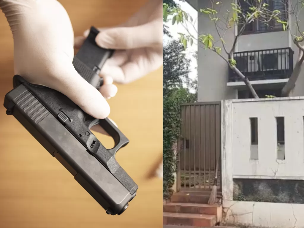 Ilustrasi pistol (kiri), potret rumah dinas Kadiv Propam Irjen Pol Ferdy Sambo di Duren Tiga, Jakarta Selatan. (Freepik/INDOZONE/Samsudhuha Wildansyah)