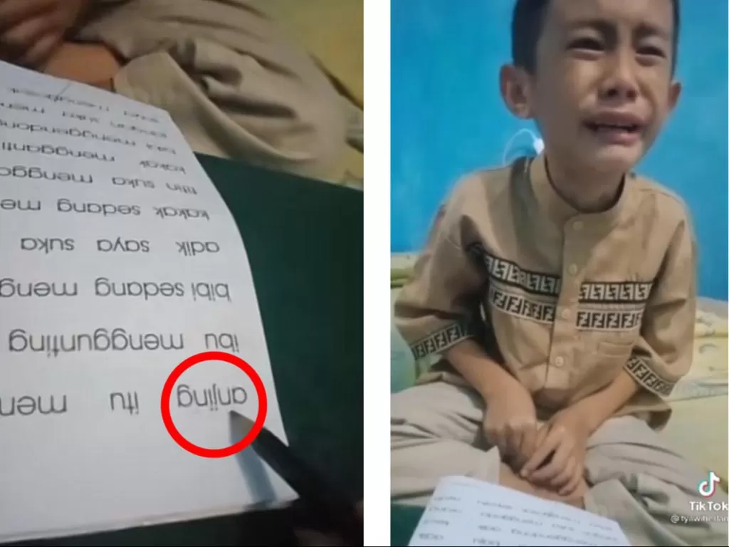Anak kecil yang menangis ketika hendak belajar membaca kata 'Anjing'. (TikTok/@tyawirhelani)