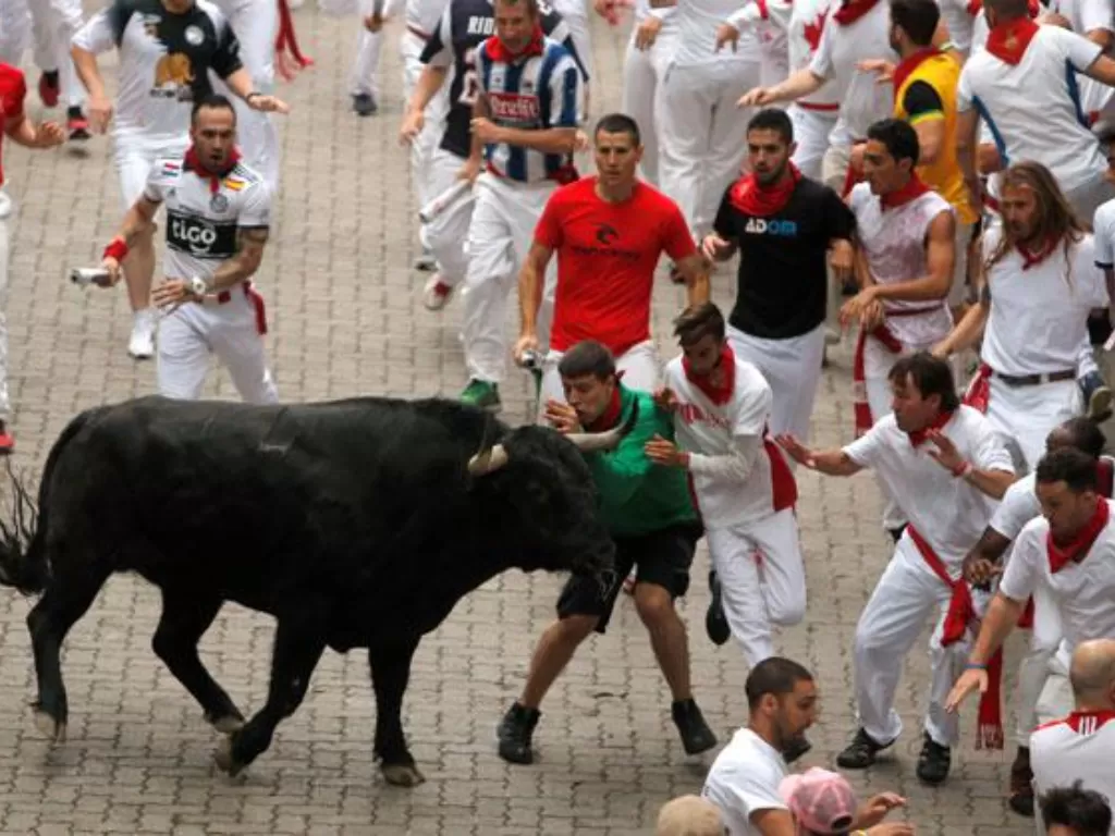 Tradisi diseruduk banteng. (REUTERS/Jon Nazca)