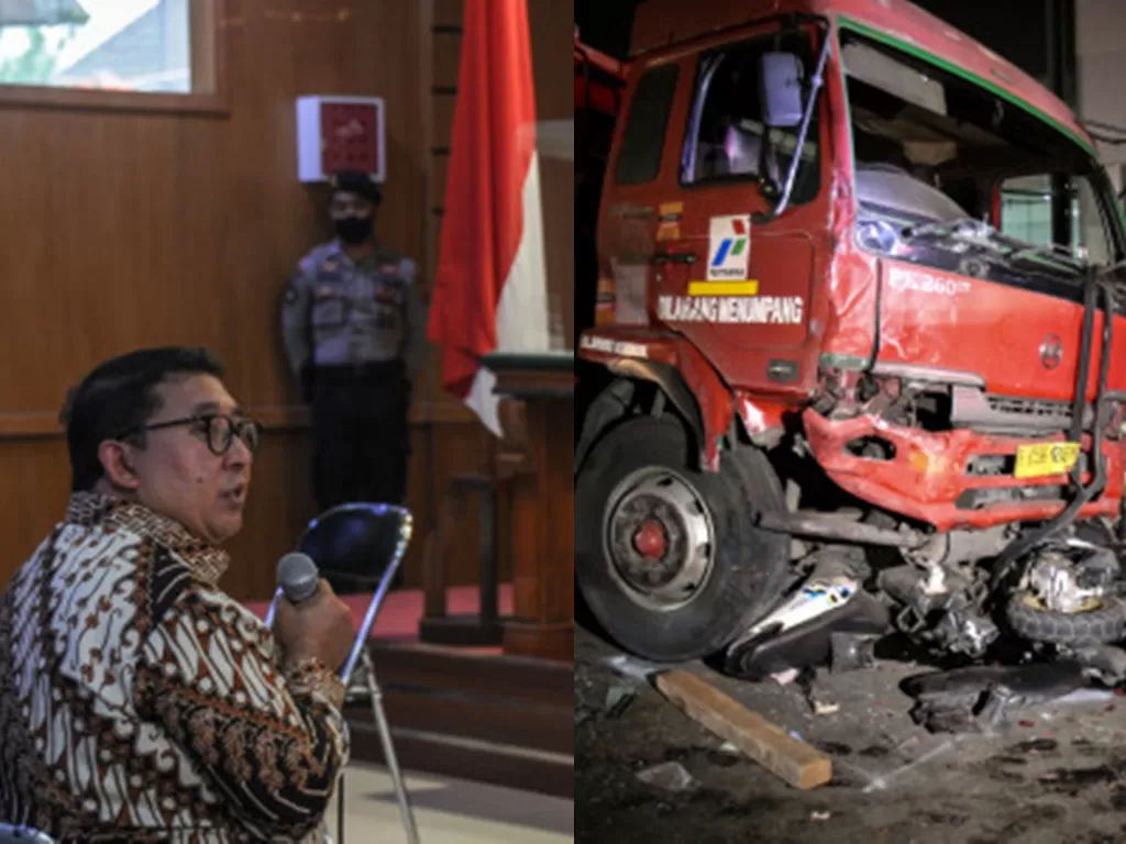 Anggota DPR RI Fraksi partai Gerindra Fadli Zon (kiri), truk Pertamina yang kecelakaan di Cibubur (kanan). (ANTARA FOTO/Raisan Al Farisi/ANTARA FOTO/Asprilla Dwi Adha)