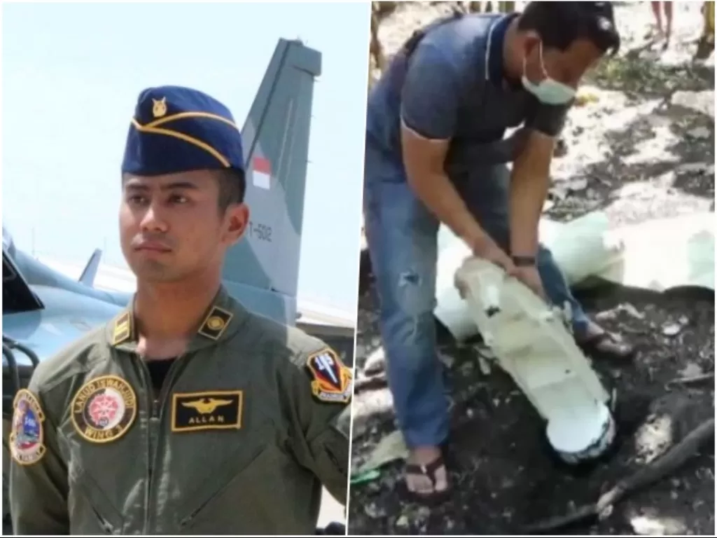 Kolase Lettu Pnb Allan Safitra Indra Wahyudi dan petugas memerika puing pesawat Tempur T50i Golden Eagle. (ANTARA/HO-Peau Lanud Iswahjudi/ANTARA/Louis Rika)