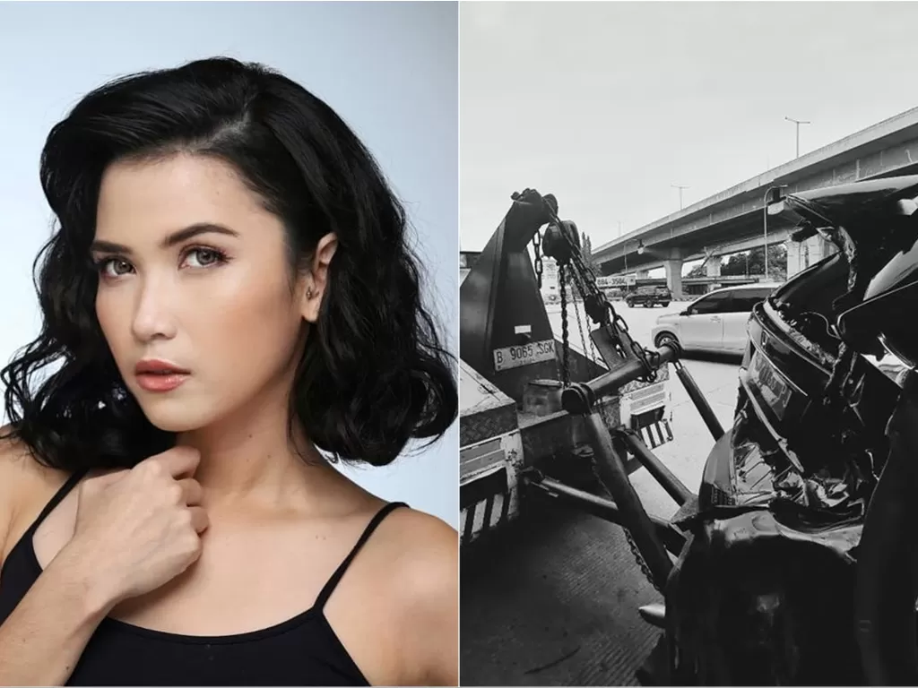 Kiri: Dinda Kanya Dewi / Kanan: Mobil Dinda Kanya Dewi kecelakaan (Instagram/@dindakanyaa)