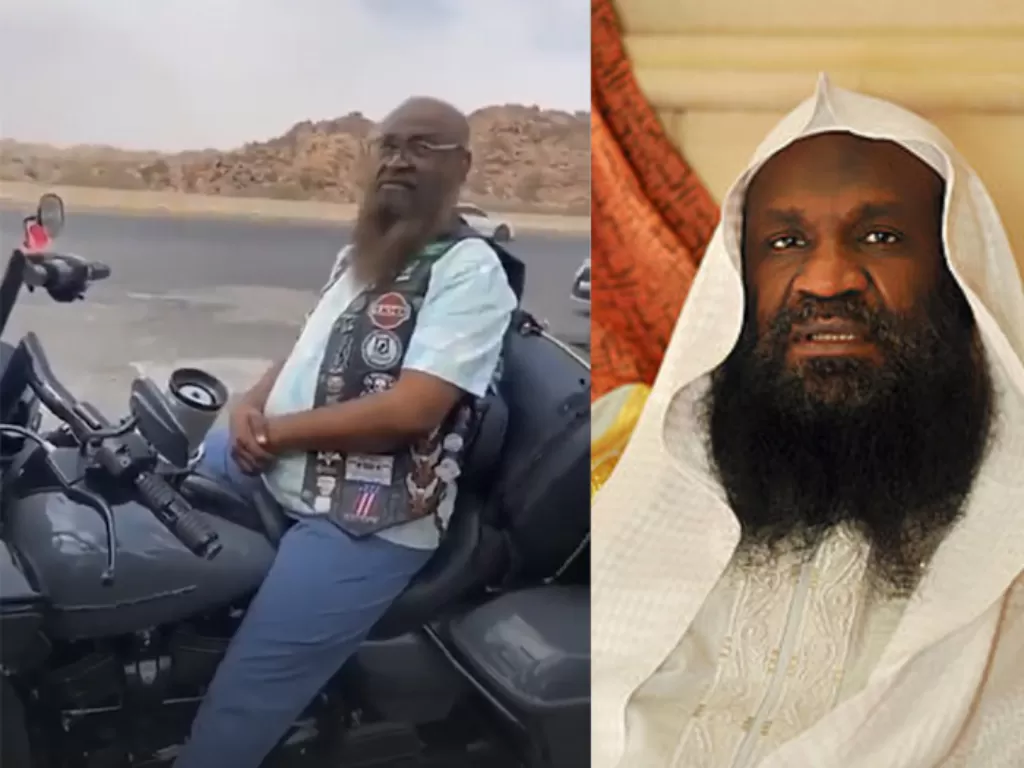 Imam Masjidil Harram Mekkah Sheikh Adel al-Kalbani mengendarai sepeda motor Harley Davidson. (Foto/Snapchat)