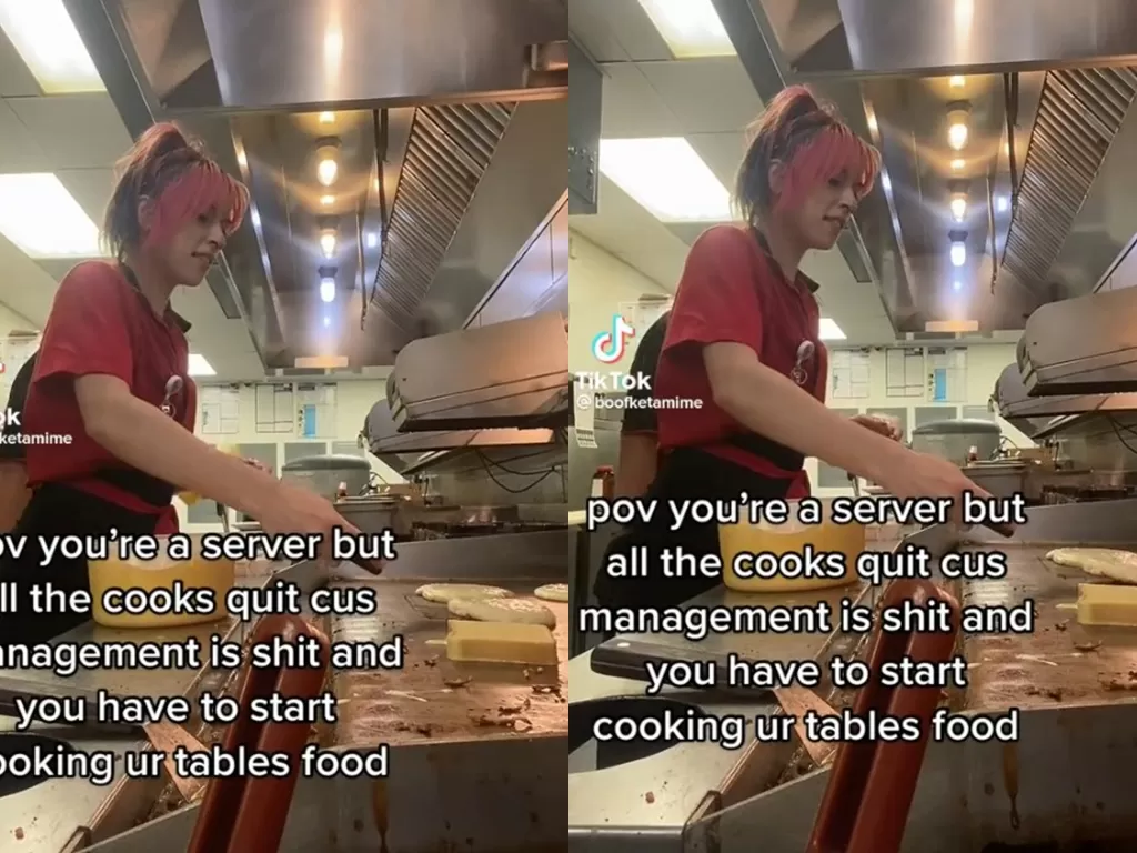 Pelayan dipaksa memasak karena semua chef mengundurkan diri. (TikTok/@boofketamime)