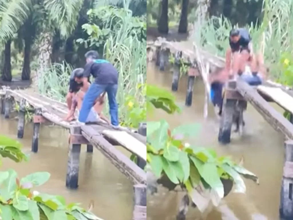 Terngakak! Pria Ini Jatuh Dari Jembatan Kayu Padahal Niat Mau Ceburin ...