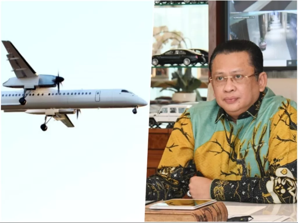 Kolase ilustrasi pesawat dan Ketua MPR RI Bambang Soesatyo. (Freepik/Dok. MPR RI)