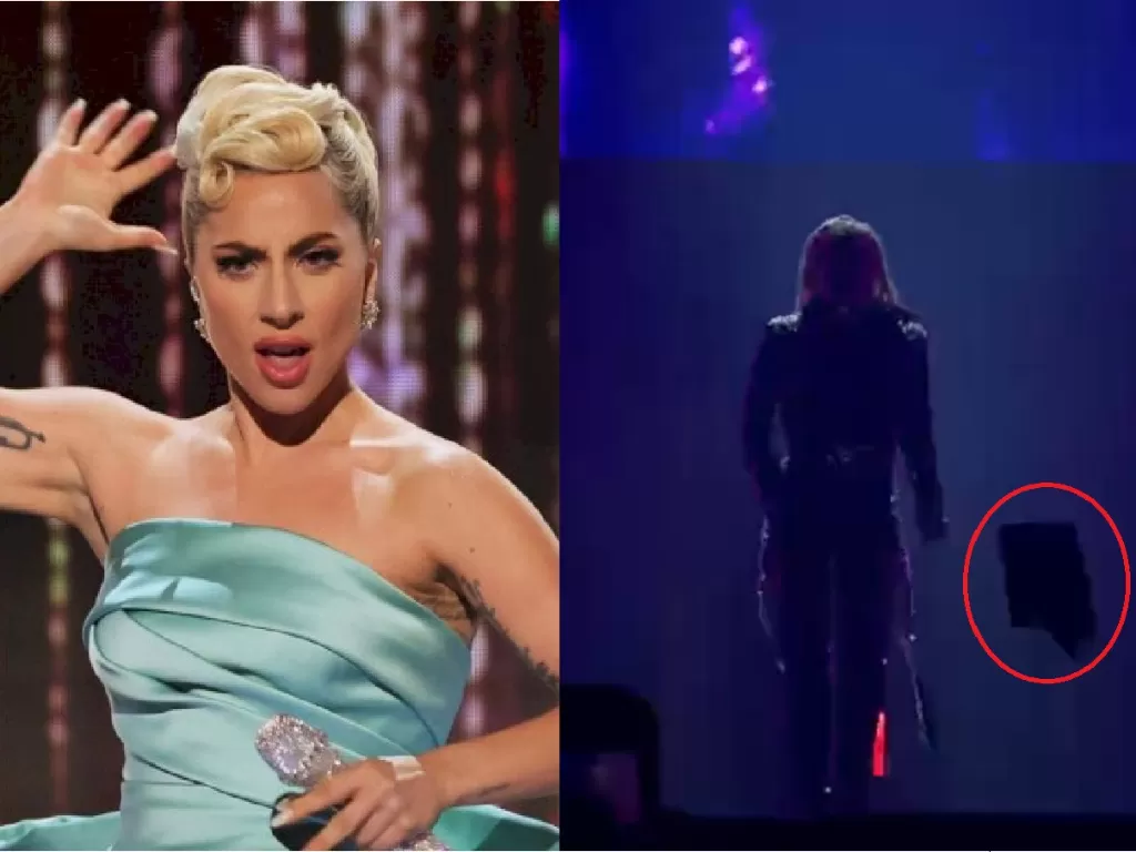 Kiri: Lady Gaga (Instagram/ladygaga), kanan: Lady Gaga saat di panggung terjadi sesuatu yang aneh. (Twitter/@noah3020).