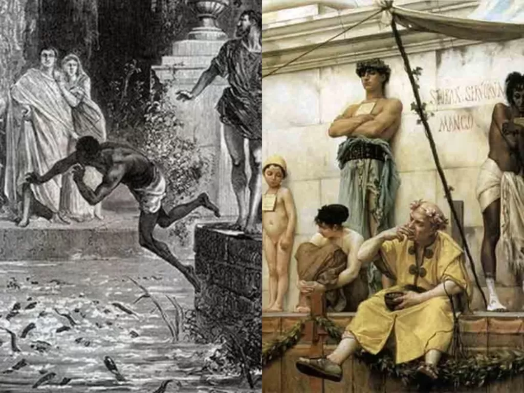 Ilustrasi Publius Vedius yang sedang melempar budak ke kolam belut. (Ancient Origins)