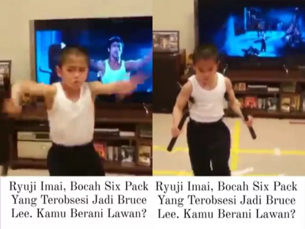 Aksi bocah memperagakan kung fu seperti Bruce Lee. (Instagram/@fakta_unik)