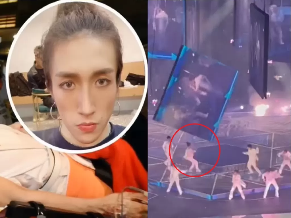 Seorang back dancer dari boy band asal Hongkong MIRROR yang mengalami kecelakan tertimpa layar besar. (Youtube/Siput Lele Official).