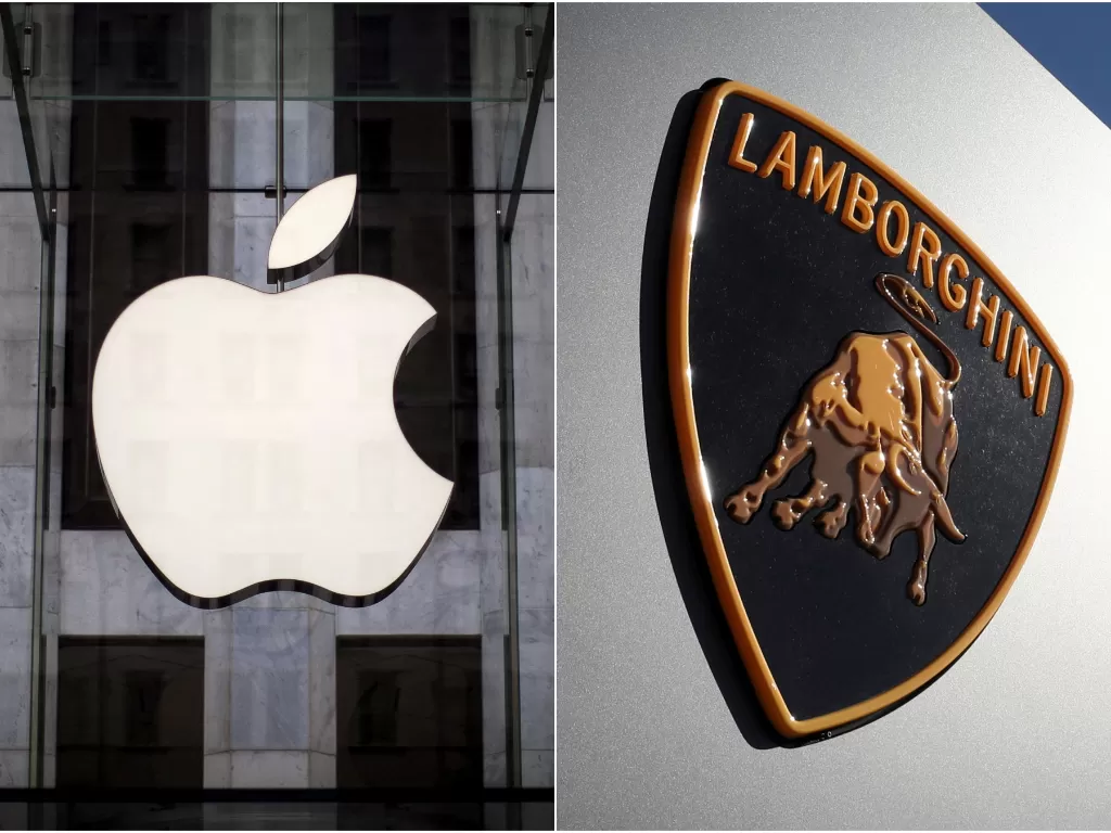 Kiri: Logo perusahaan teknologi, Apple. Kanan: Logo perusahaan otomotif, Lamborghini. (REUTERS/Yves Herman/Mike Segar)