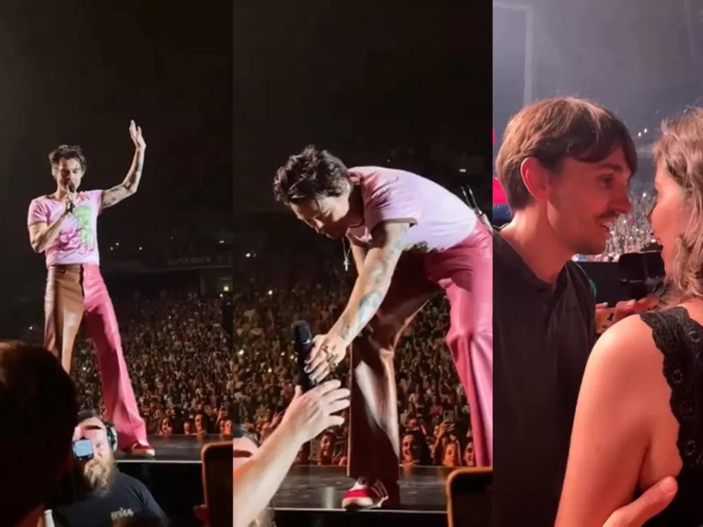 Momen Harry Styles memberikan mikrofon ke seorang pria yang ingin melamar pacarnya di tengah konser di Lisbon, Portugal (Instagram/vic_ontour)