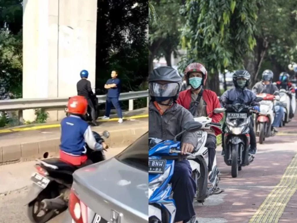 Kiri: Pejalan kaki yang nantangin pemotor naik trotoar. (Instagram/@fakta.indo) Kanan: Pemotor yang naik trotoar. (Antaranews)