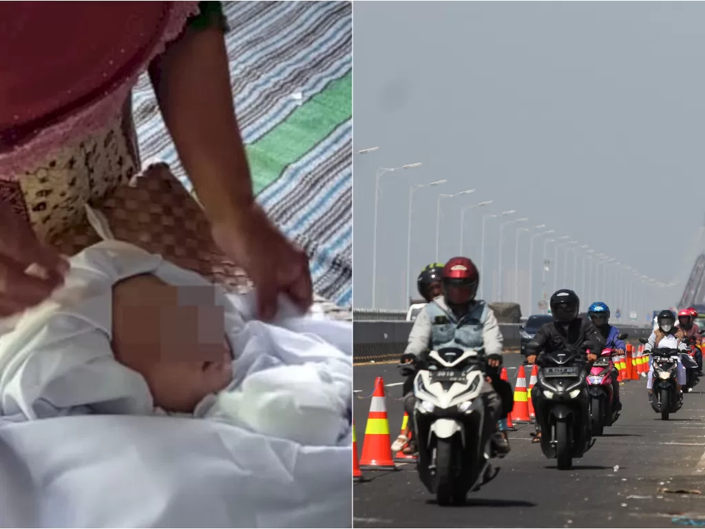 Bayi 6 bulan yang meninggal setelah dibawa motoran. (Twitter) / Ilustrasi - Sejumlah pengendara motor melintas di lajur kendaraan roda empat yang sudah dibatasi dengan 'water barrier' dan 'traffic cone' di Jembatan Suramadu, Surabaya, Jawa Timur, Selasa (