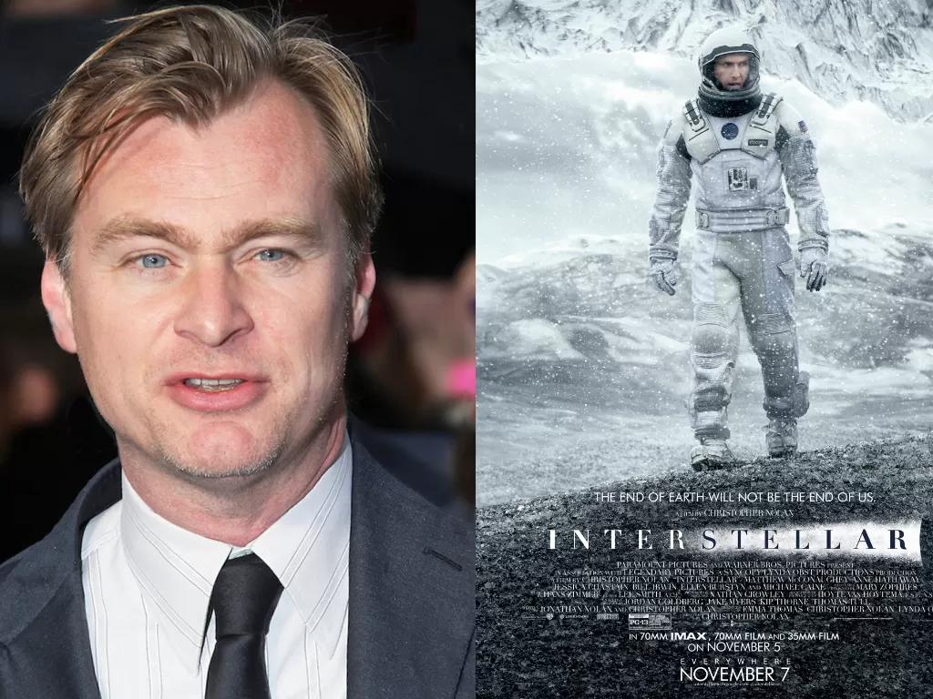 Christopher Nolan dan poster film Interstellar (Istimewa)