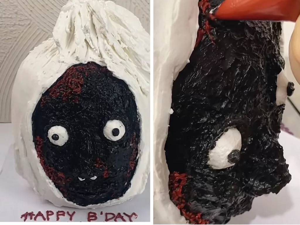 Kue ulang tahun seperti pocong di film 'Pengabdi Setan 2' (TikTok/nicooroccoo)