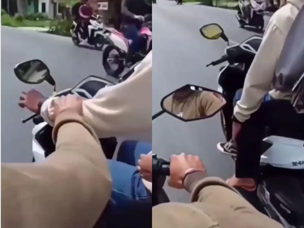 Momen pengemudi lain yang ciduk tangan pria nakal ke kaki pacarnya. (Instagram/@dramaojol.id)