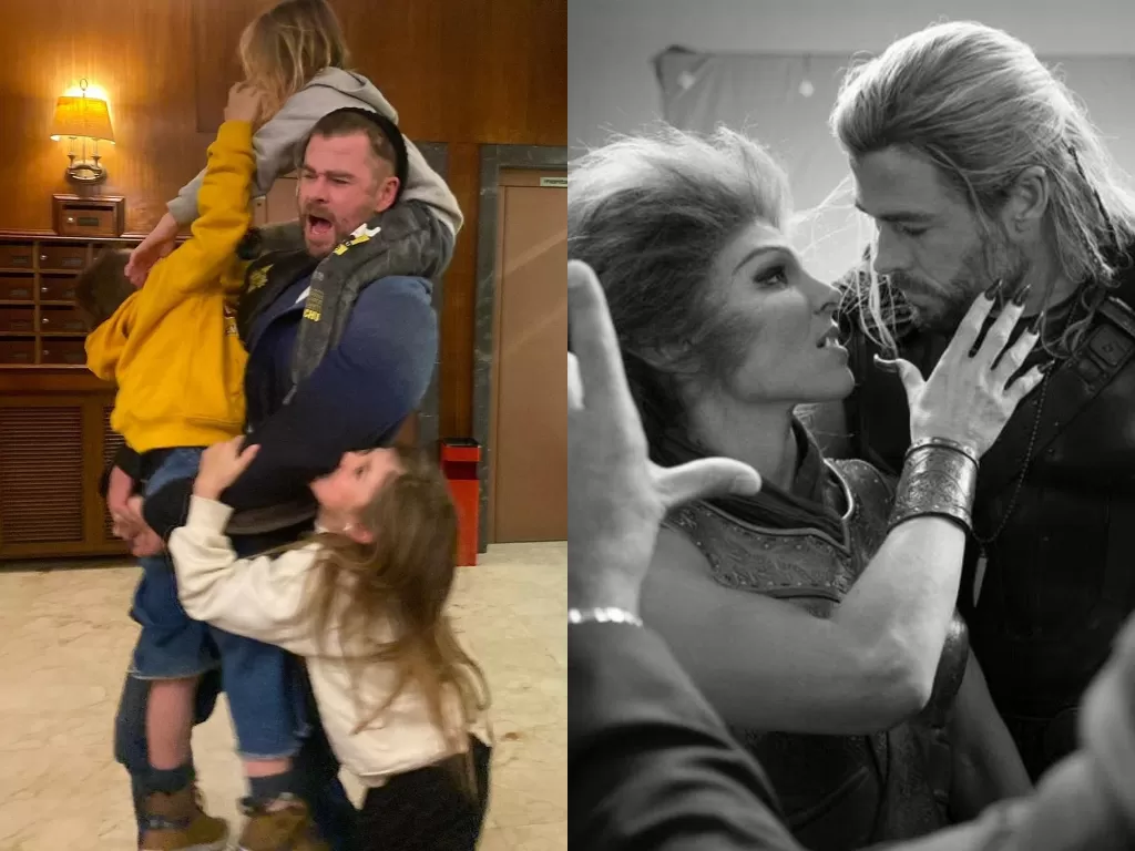 Kiri: Chris Hemsworth bermain dengan anak-anaknya. (instagram/@elsapataky) Kanan: Elsa Pataky dan Chris Hemsworth di film Thor: Love and Thunder. (instagram/@elsapataky)