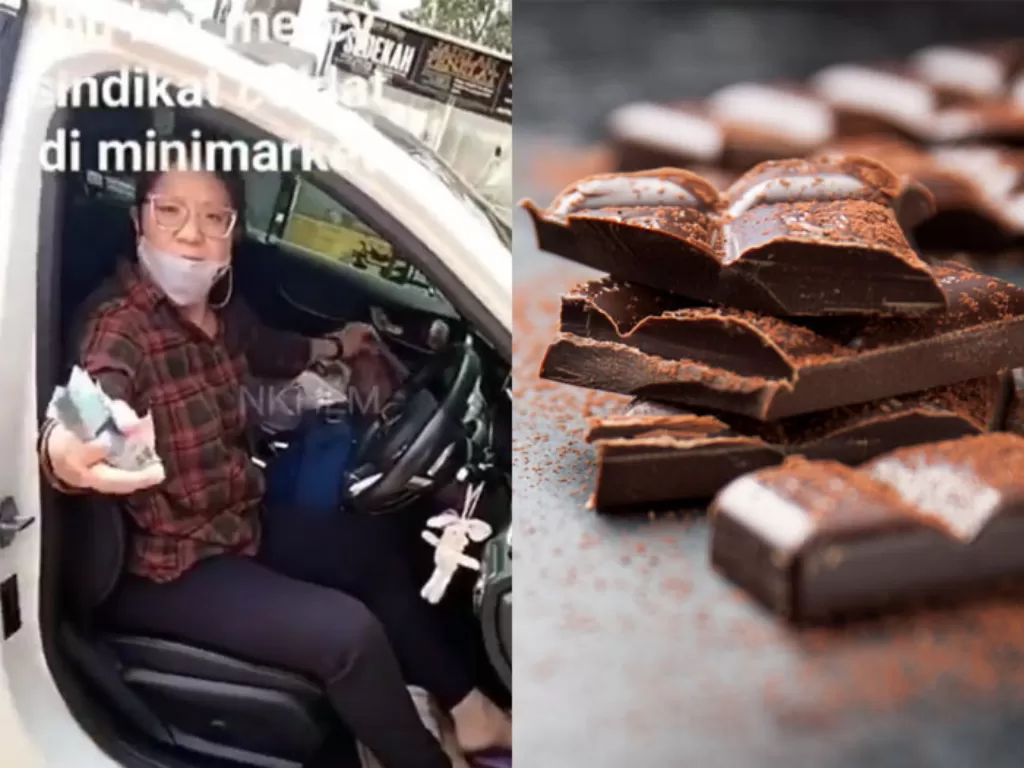 Seorang wanita ketahuan mencuri tiga buah coklat tepergok pegawai minimarket. (Foto/Tiktok/nkhlm) 