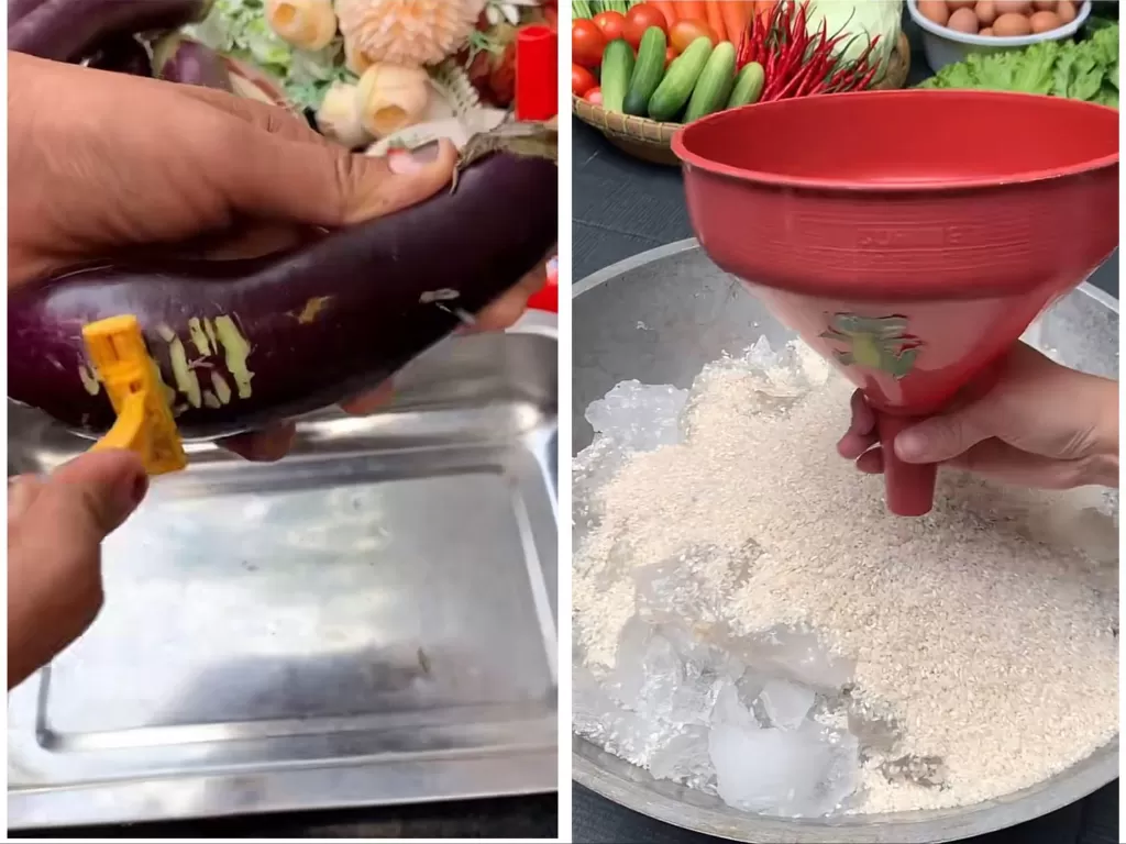 Terong yang dikupas dengan pisau cukur dan beras yang dicampur es (TikTok/resep_debm)