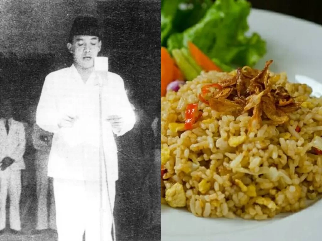 Kiri: Ir Soekarno saat membacakan teks proklamasi. (Wikipedia) Kanan: Ilustrasi nasi goreng. (Pinterest)