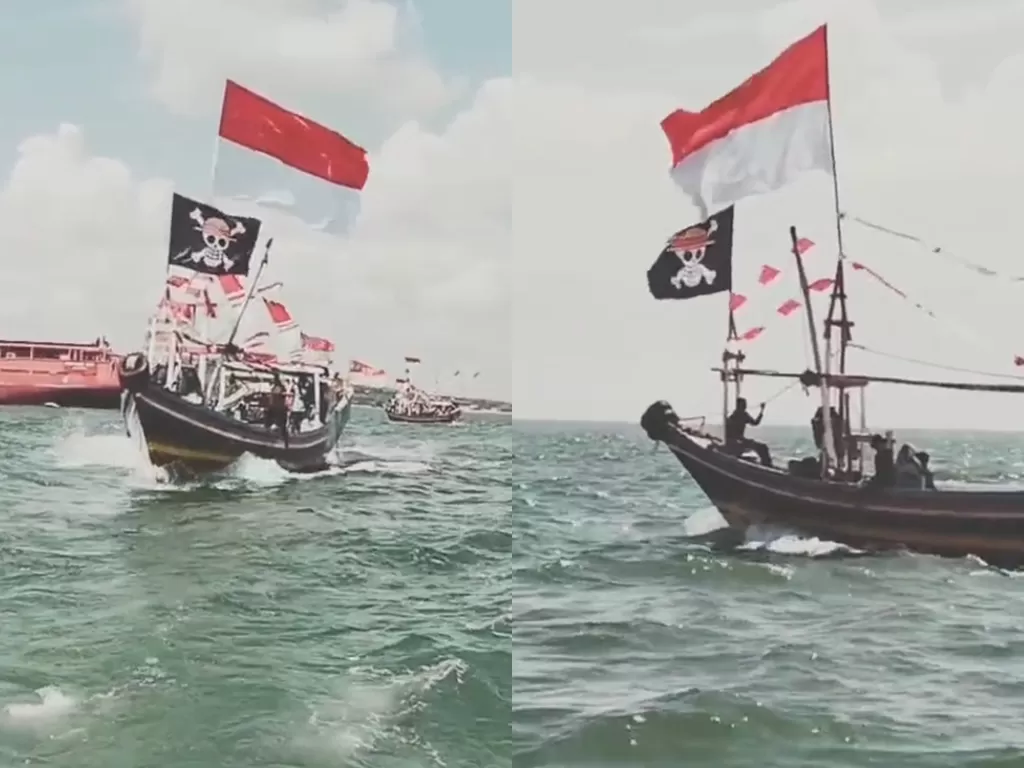 Kapal nelayan Indonesia kibarkan bendera topi jerami. (tiktok/@zona0nepiece)