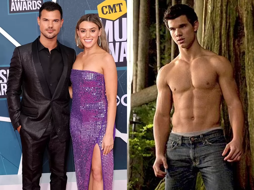 Kiri: Taylor Lautner bersama tunangan, Taylor Dome. (daily mail) Kanan: Taylor Lautner saat memerankan Jacob di film Twilight. (istimewa)