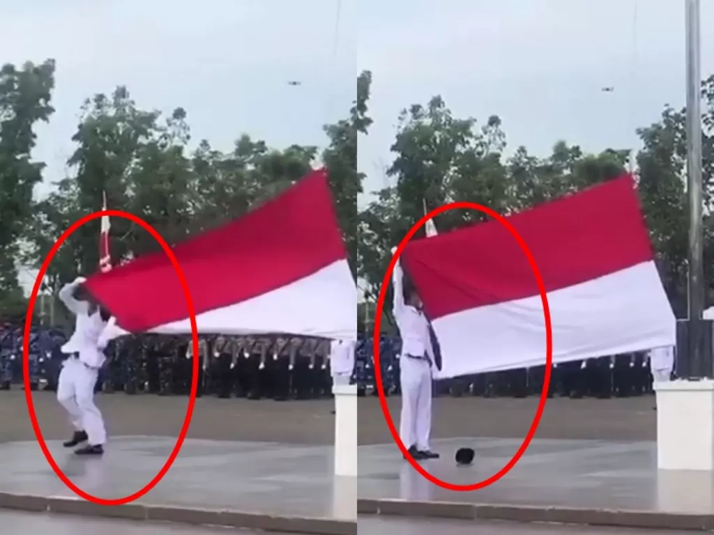 Aksi heroik Paskibraka hindari bendera berbelit. (Instagram/@say.viideo)