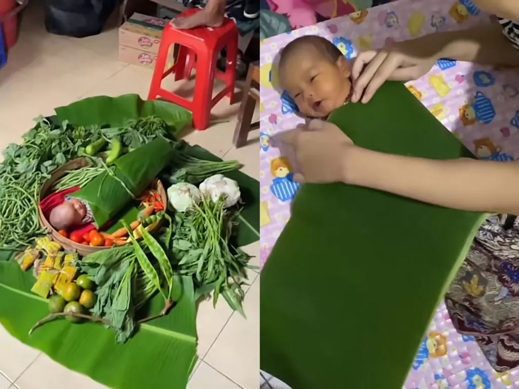 Bayi yang dibungkus menggunakan daun pisang untuk newborn photoshoot (TikTok/bbphotophoto)
