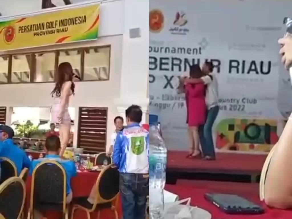 Viral aksi wanita joget di atas meja saat pembukaan turnamen golf Gubernur Riau. (Tangkapan layar)