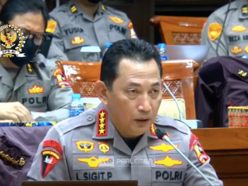Tangkapan layar Kapolri Jenderal Listyo Sigit Prabowo pada rapat kerja Komisi III DPR RI dengan Kapolri (Rabu 24/07/22). (INDOZONE)
