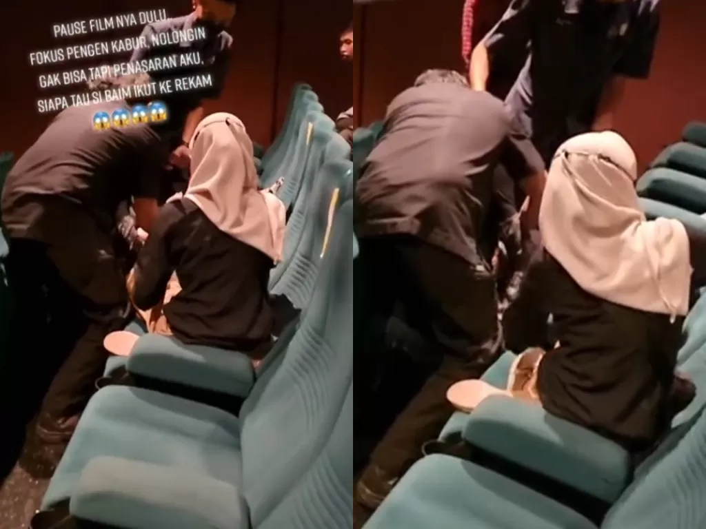 Viral video pengunjung bioskop kesurupan saat nonton film horor. (tiktok/@doubledhe)