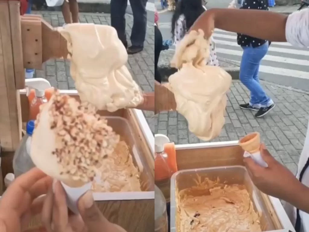 Es krim yang dibuat dengan cara dibenyek-benyek. (Instagram/@dramaojol.id)