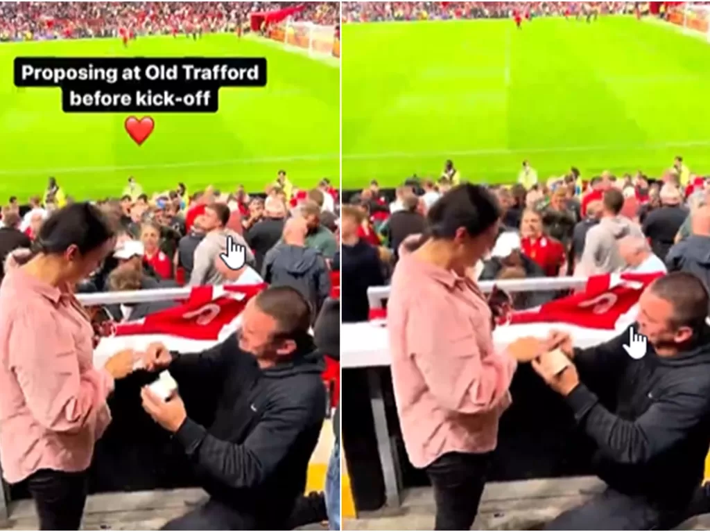 Momen lamaran penggemar Manchester United di Old Trafford. (Screenshoot/Instagram/@manchesterunited)