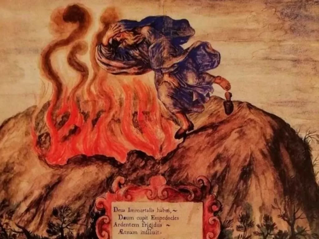 Ilustrasi Empedokles melompat ke gunung Etnan untuk membuktikan dirinya sekuat dewa. (Ancient Origins)