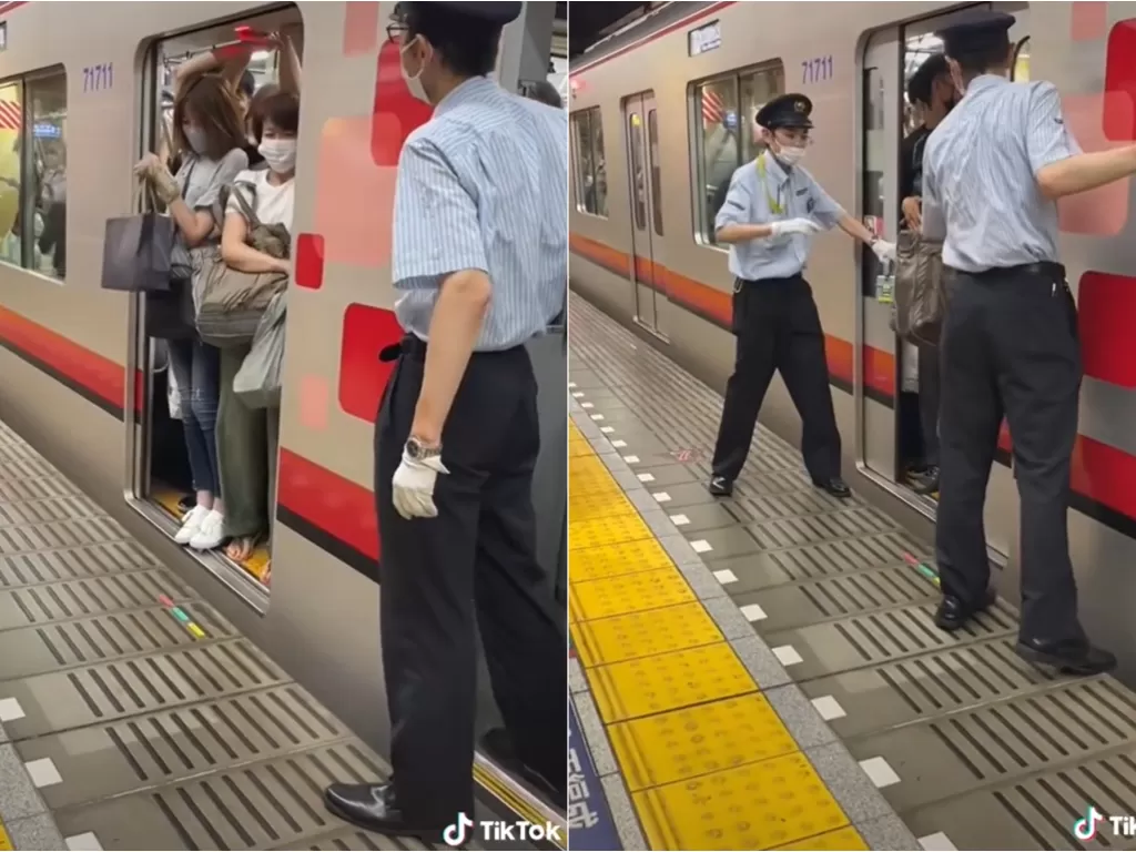 Penampakan kereta api di Jepang penuh penumpang. (TikTok/kim.vitra)